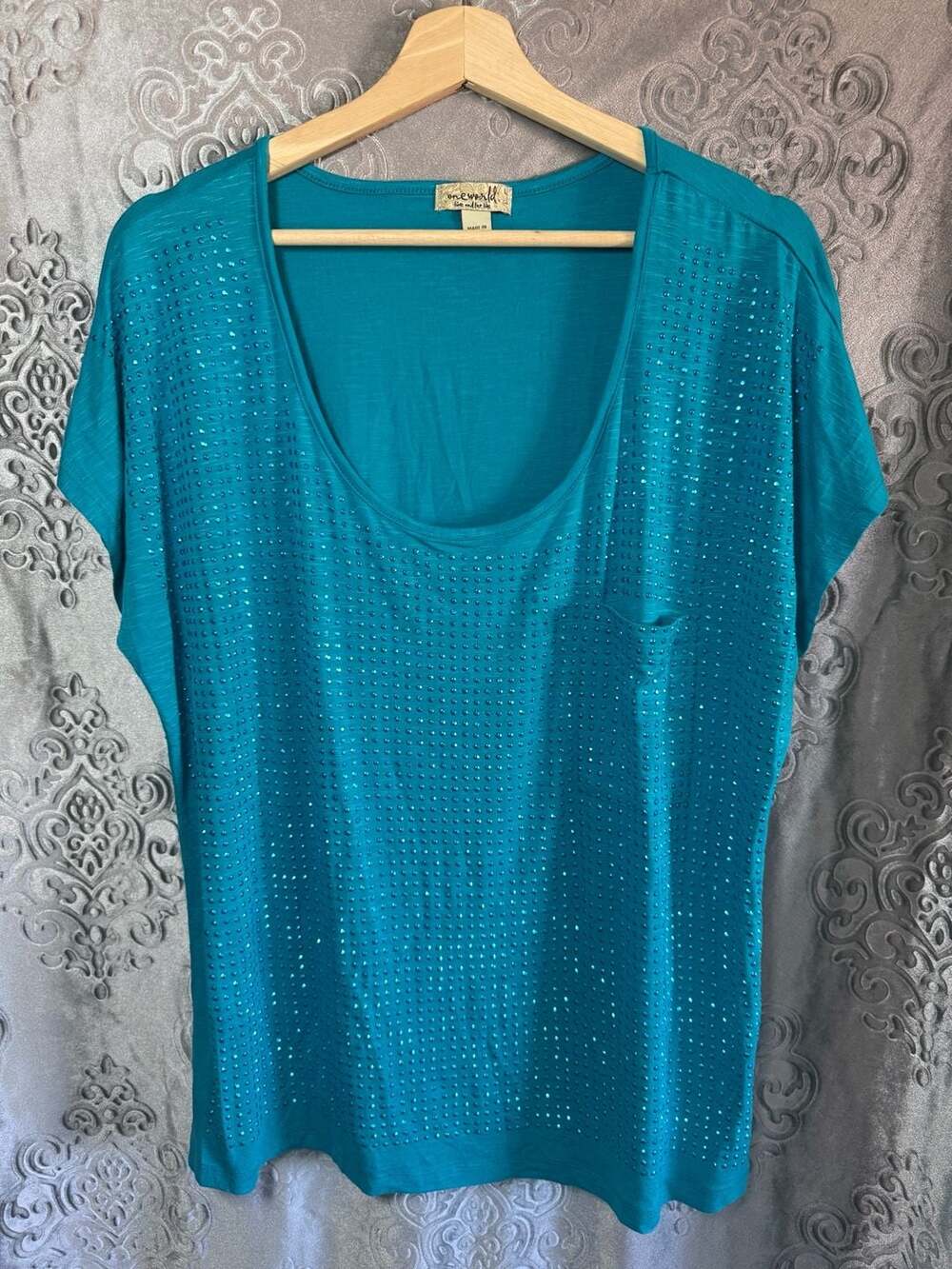 One World Teal Studded Scoop Neck Pocket T-Shirt